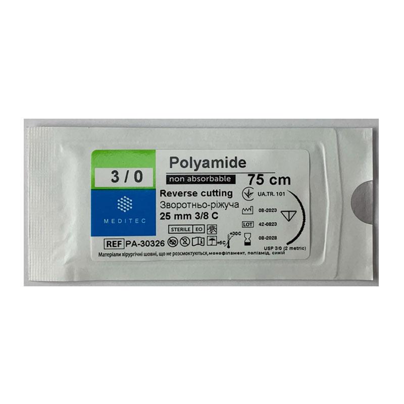 USP 3/0, монофіламентний, синій, довжиною 75 см, 3/8 кола, довжиною 25 мм Meditec® РА-30326